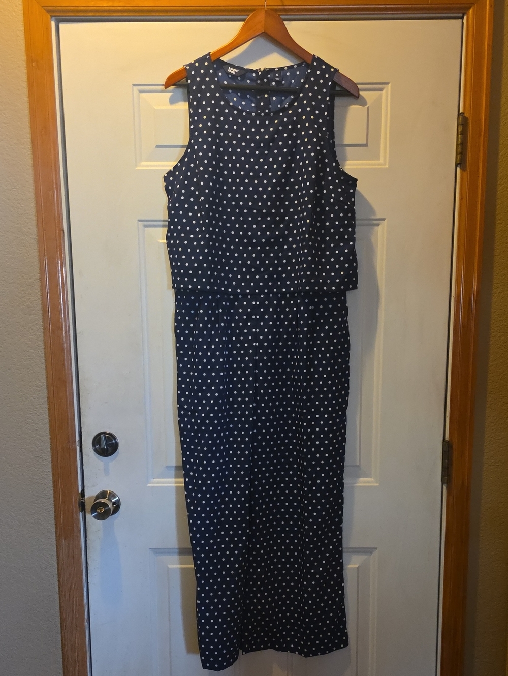 Lands' End Navy Sleeveless Polka Dot Jumpsuit